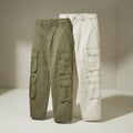 Men’s Olive & Off-White Cargo Pants Combo – Cotton Utility Multi-Pocket Trousers (Pack of 2)
